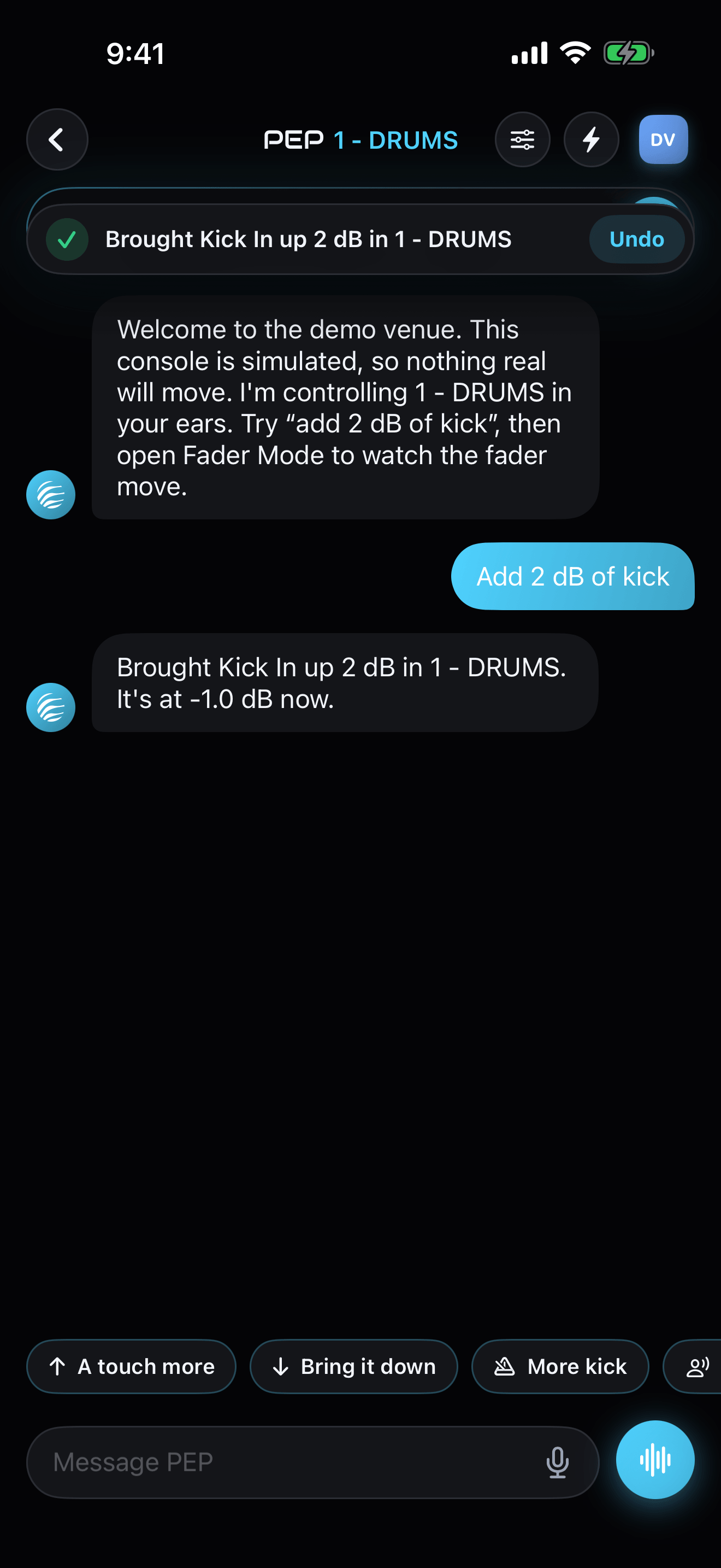 Pep chat screen confirming a monitor mix change