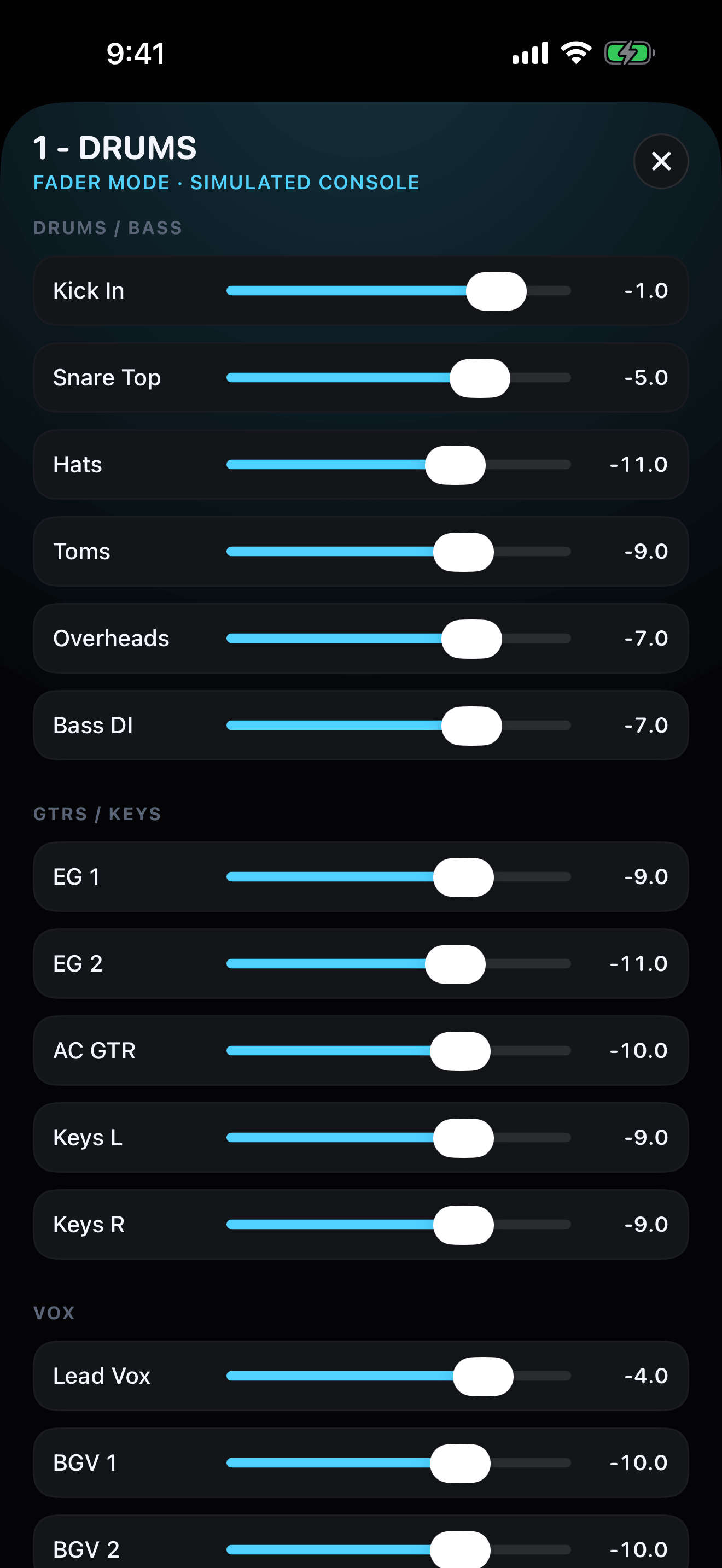 Fader Mode in Pep mirroring the console layout